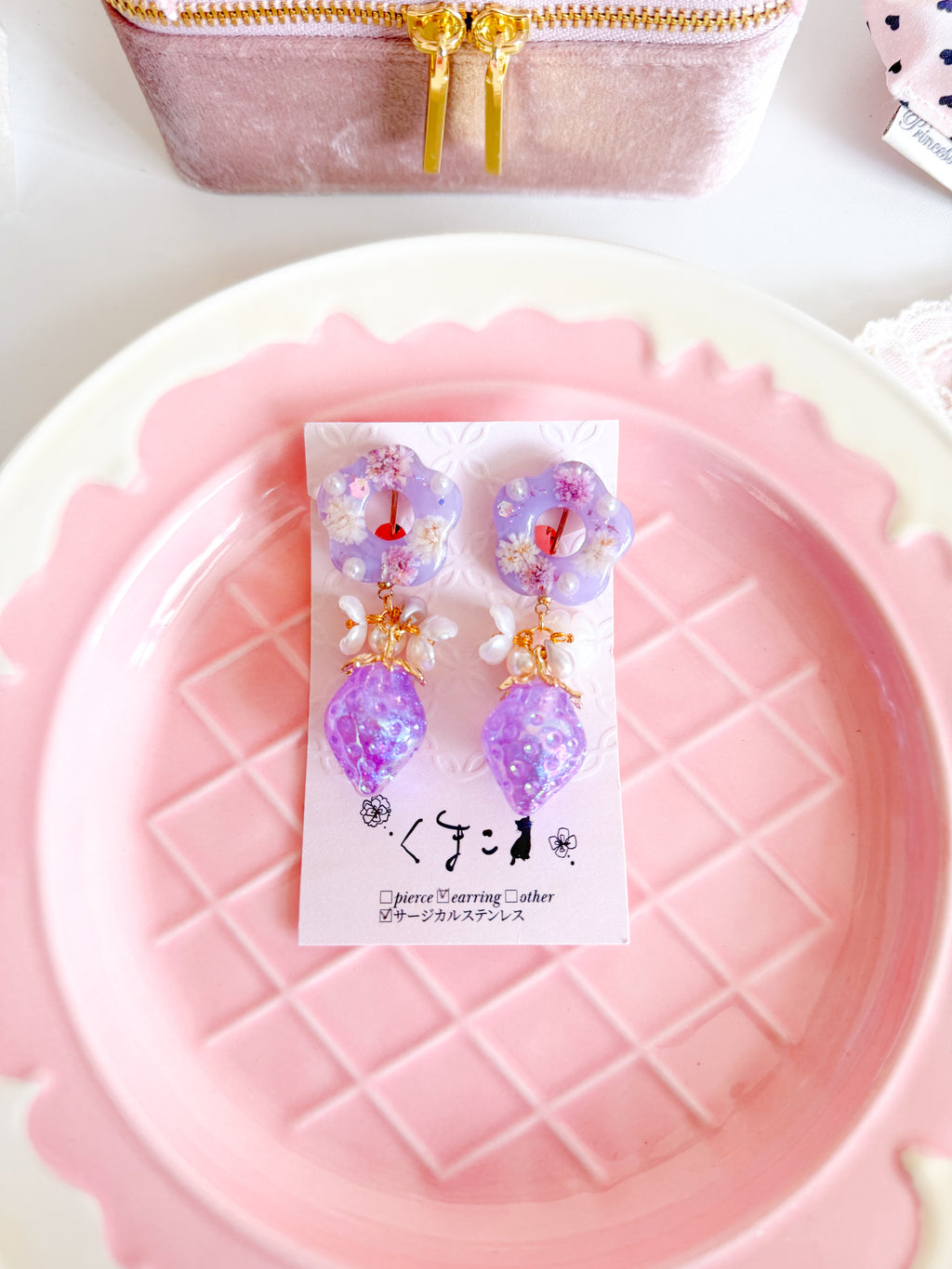 日本手工｜紫色花朵愛心吊墜耳夾