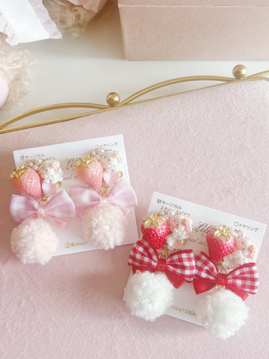 可愛手工控—Lily紅白格蝴蝶結小兔耳環