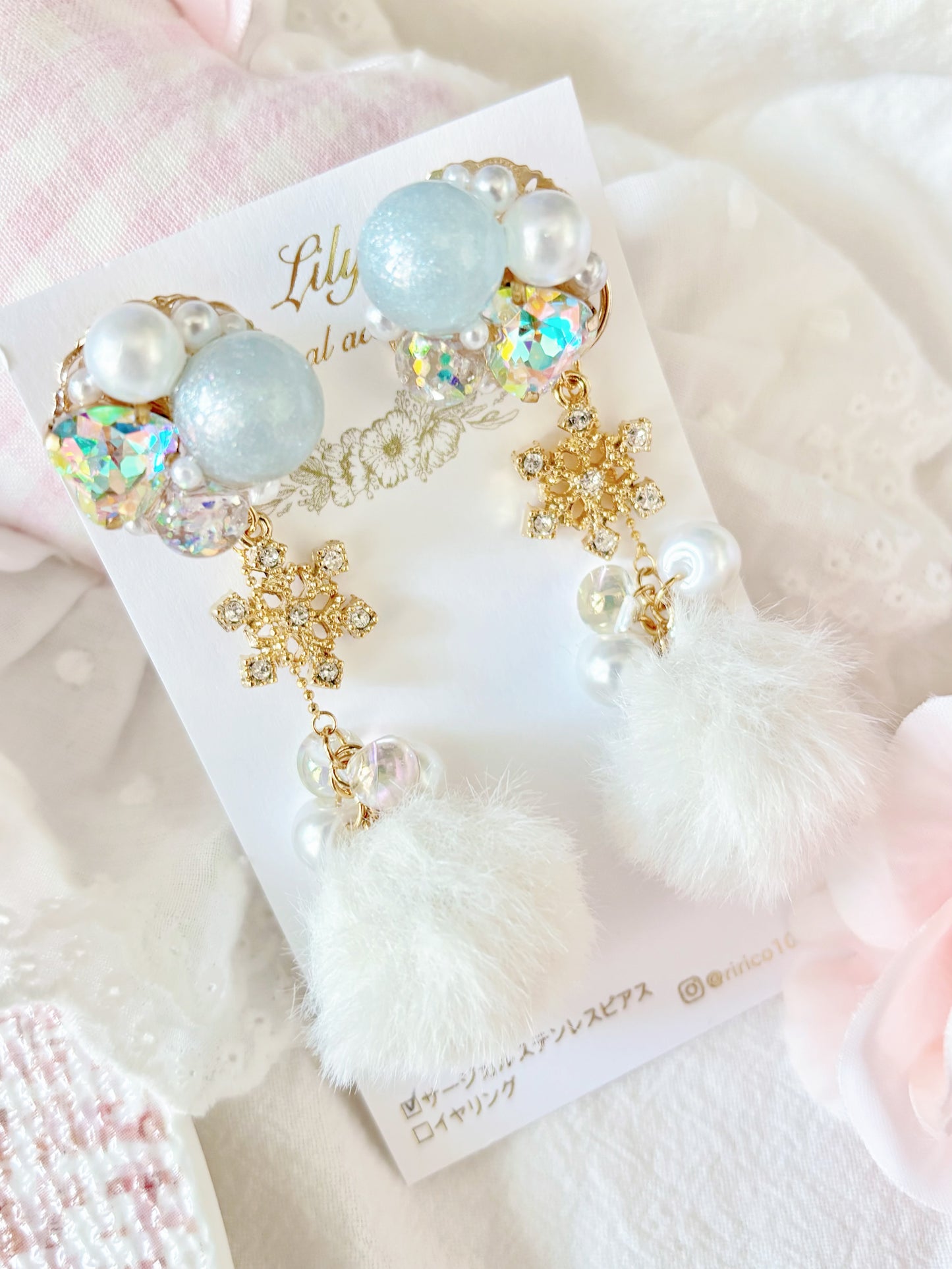 2Way白色水晶雪花耳環