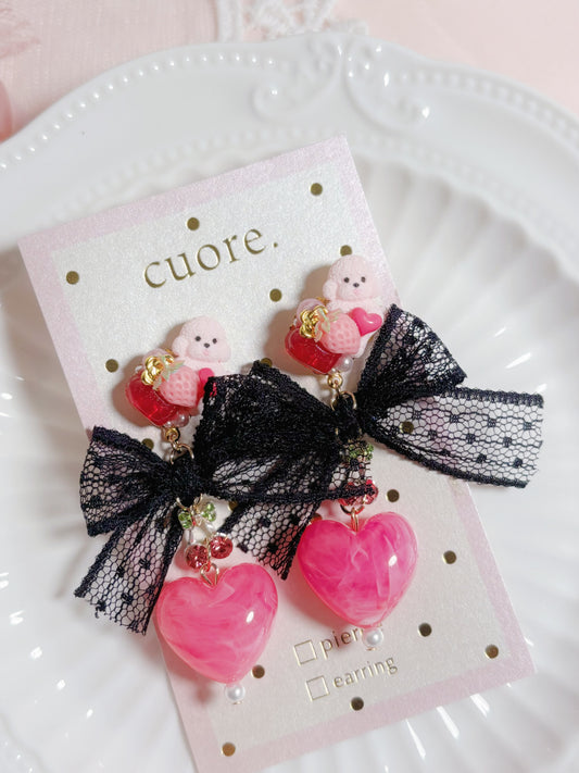 日本手作-蕾絲蝴蝶結小狗愛心耳環