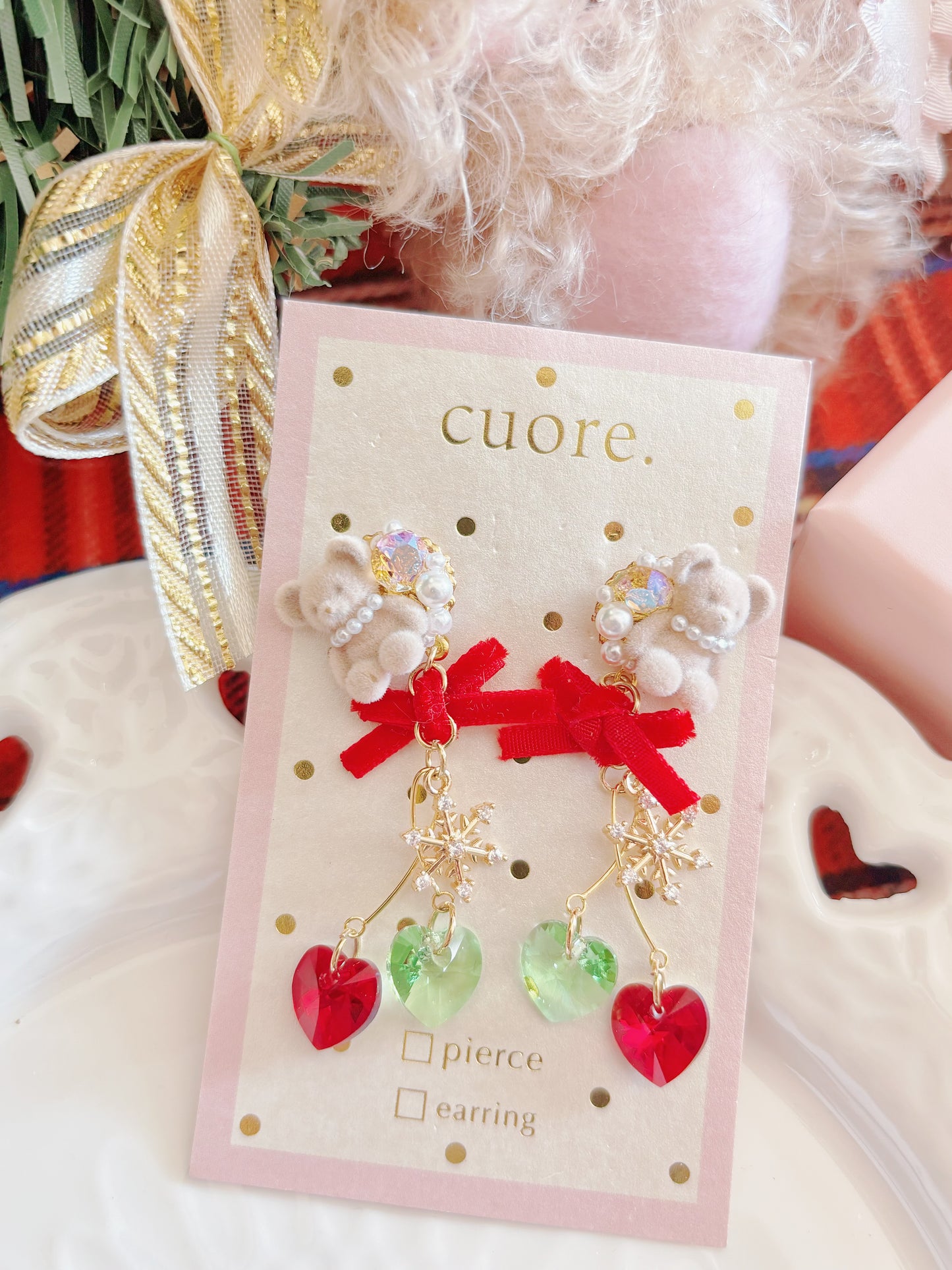 日本手作—聖誕小熊雙色水晶耳環