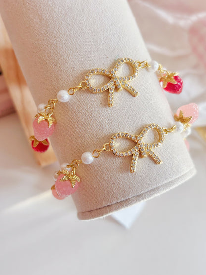 日本手工-金色蝴蝶結多莓珍珠手鏈