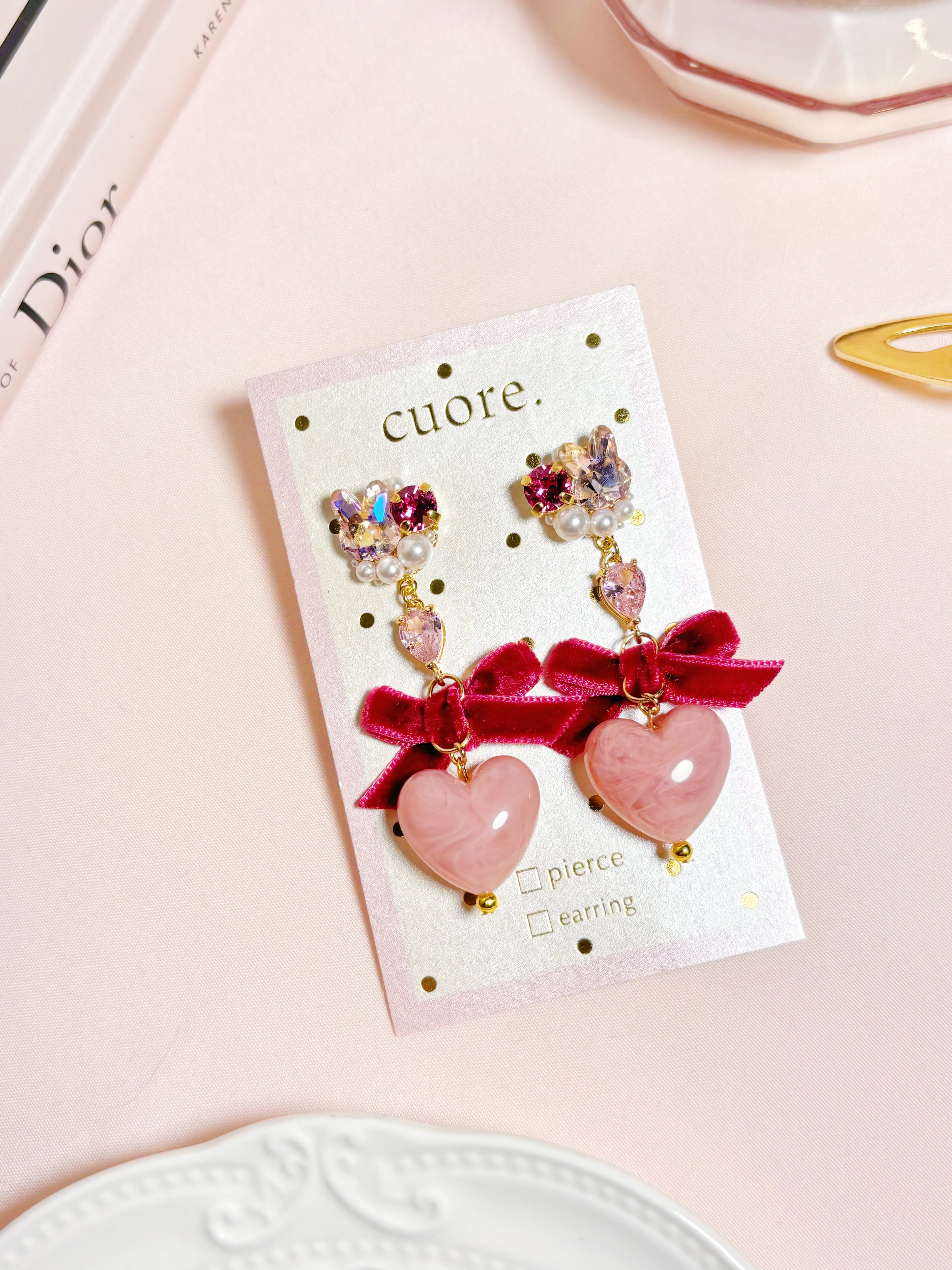 日本手作-水晶蝴蝶結心心耳夾