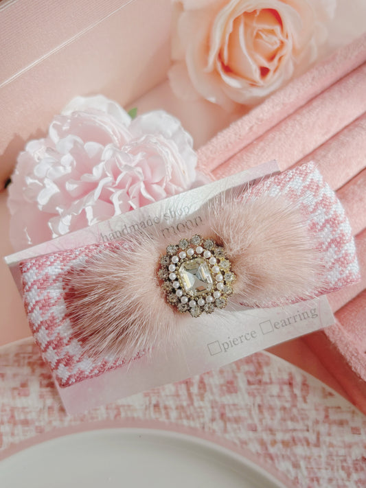 日本手工—粉色千鳥毛茸水晶髮夾