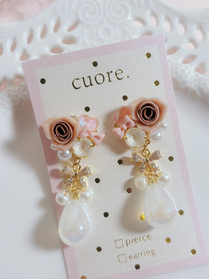 日本手作-樹脂玫瑰花幻彩水滴耳環
