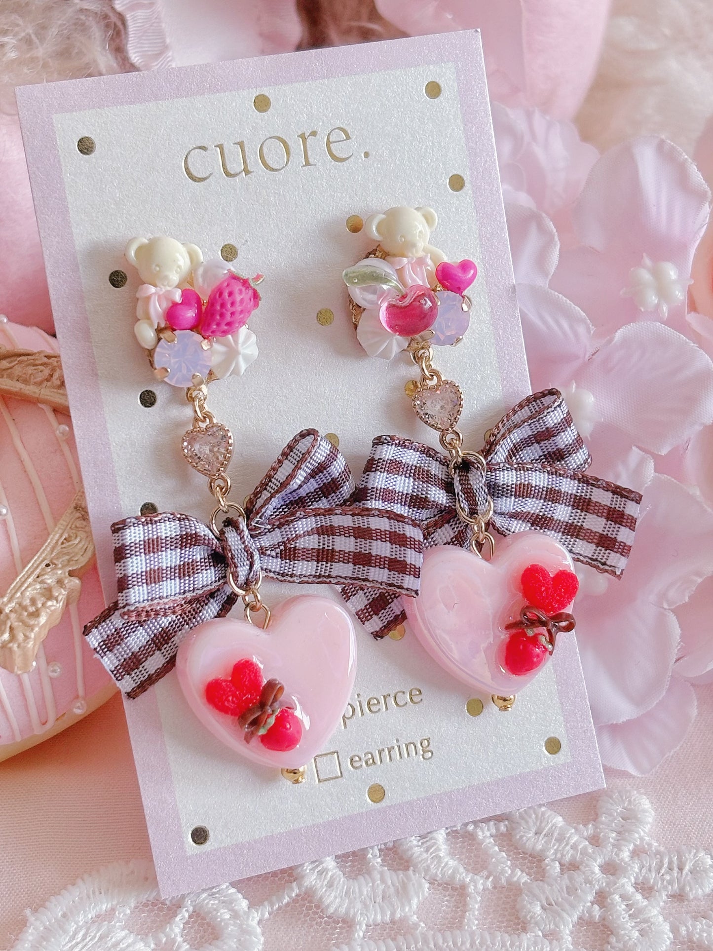 日本手工—Cuore啡色格仔蝴蝶結心心耳環