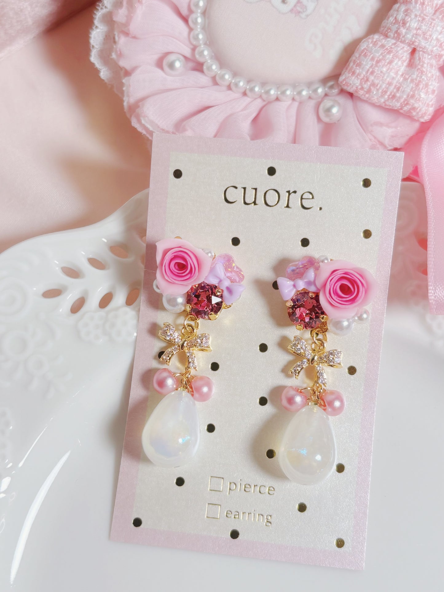 日本手作-樹脂玫瑰花幻彩水滴耳環