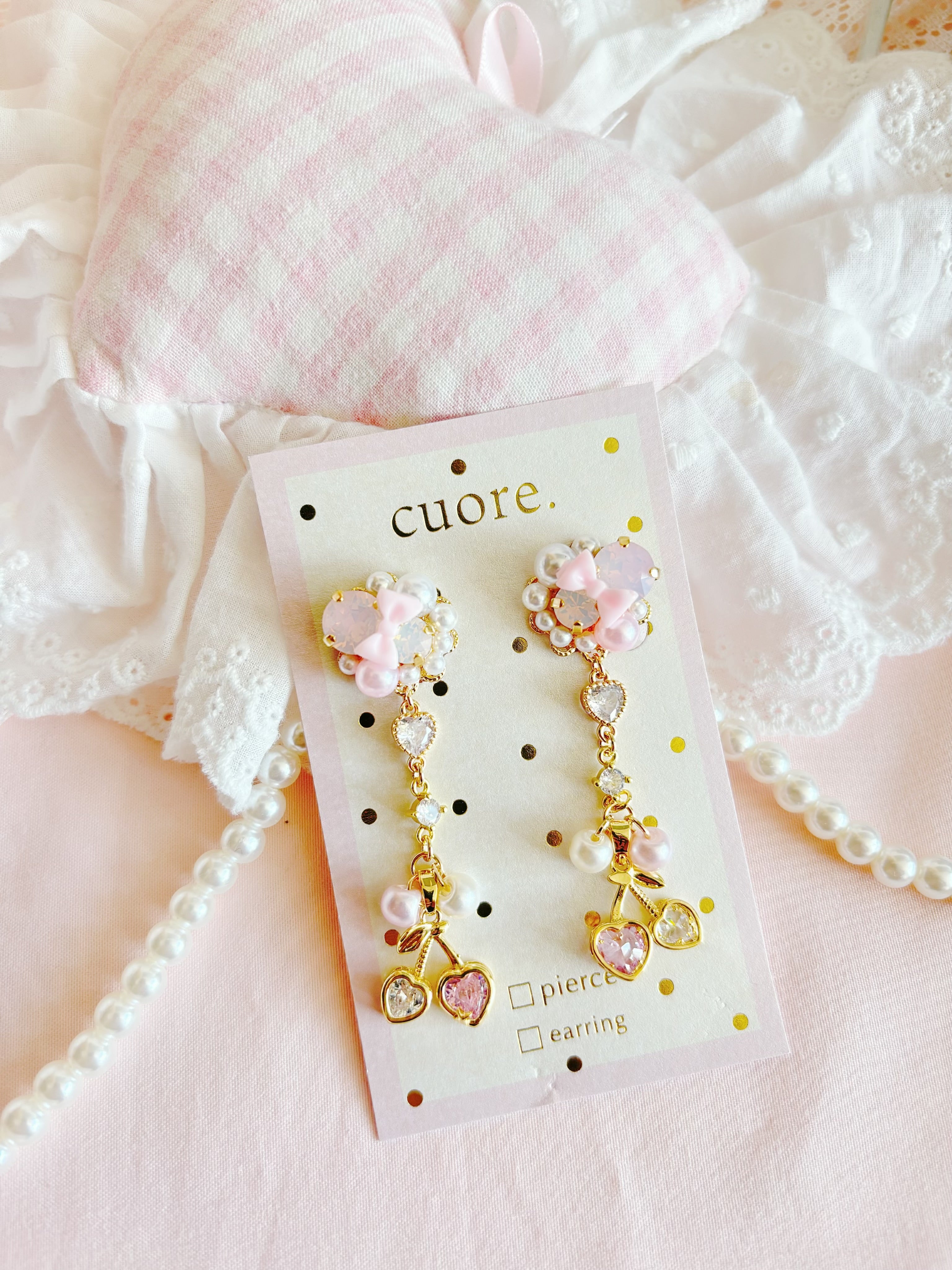 日本手工—粉色系蝴蝶結車厘子耳夾