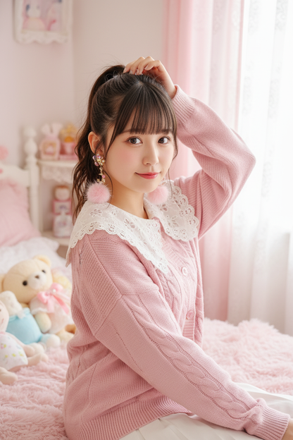 粉色毛球垂墜耳環 - 四分之三