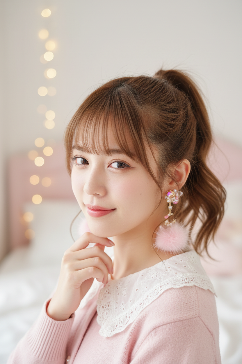 粉色毛球垂墜耳環 - 特寫