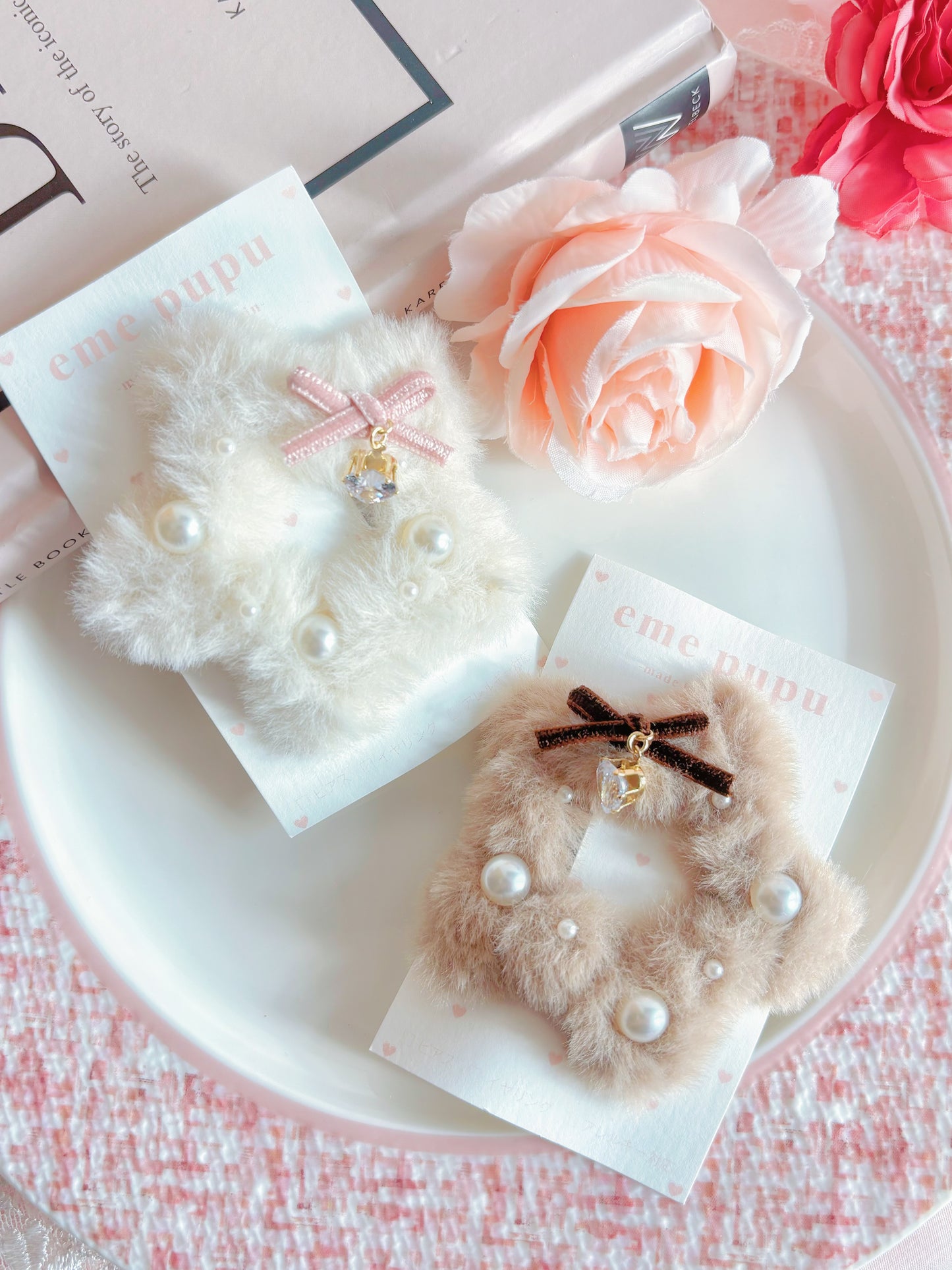 日本手工-星形毛茸珍珠髮夾