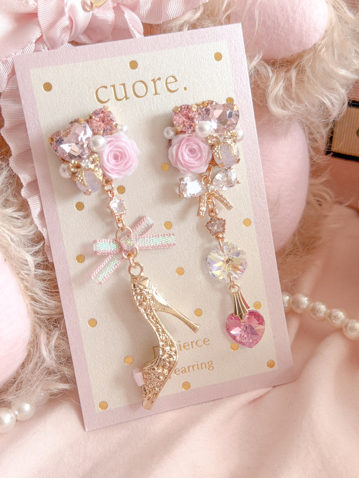 CUORE｜玫瑰花水晶高跟鞋垂墜耳環
