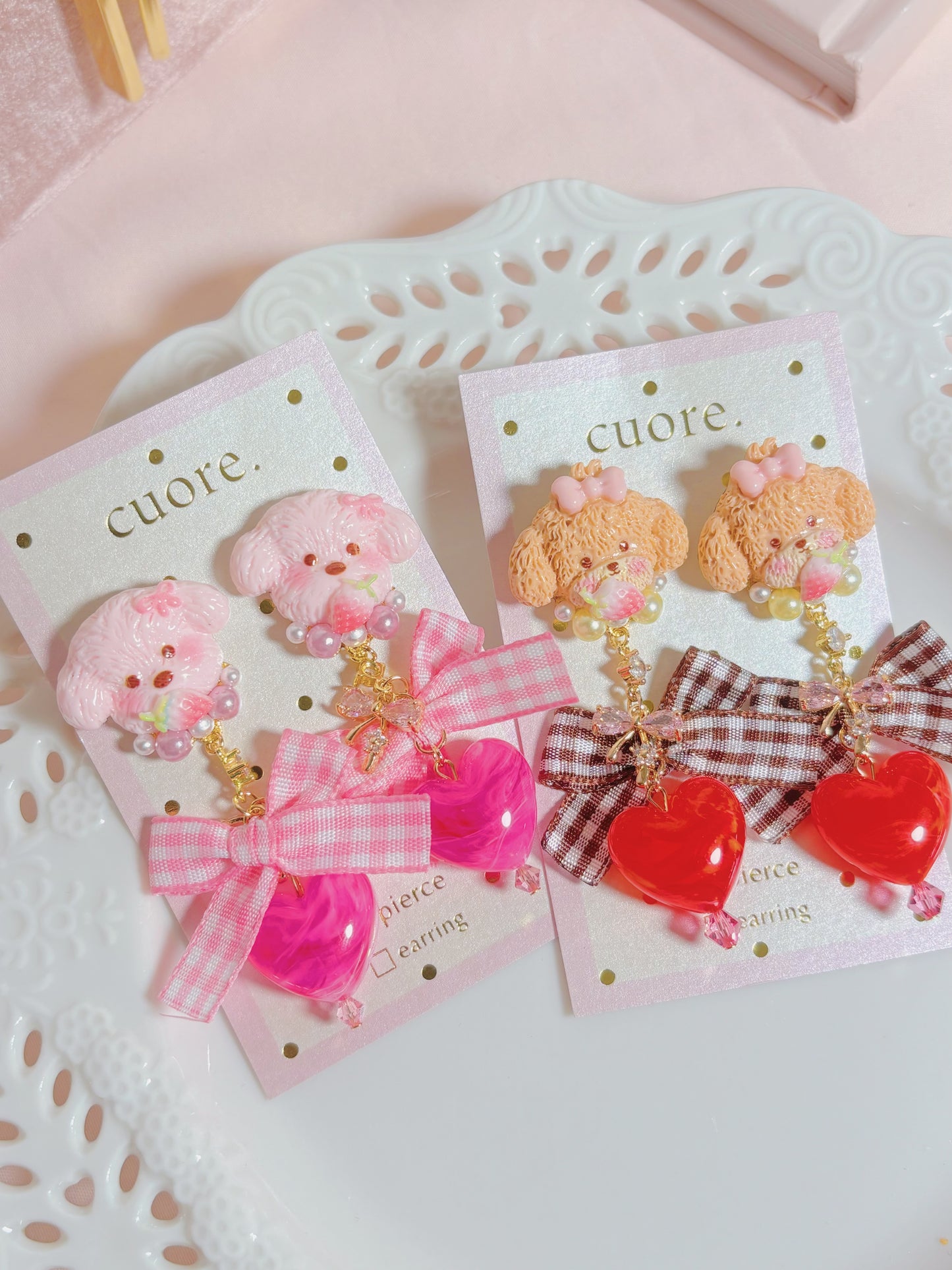 日本手作-可愛小狗蝴蝶結心心耳環