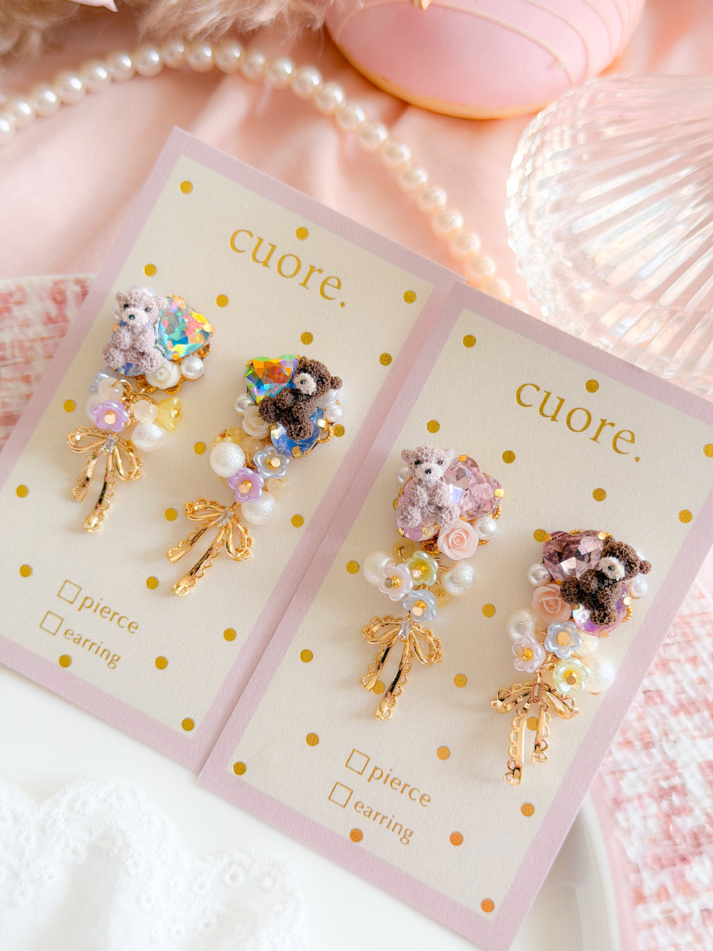 CUORE｜小熊花球蝶結水晶耳環
