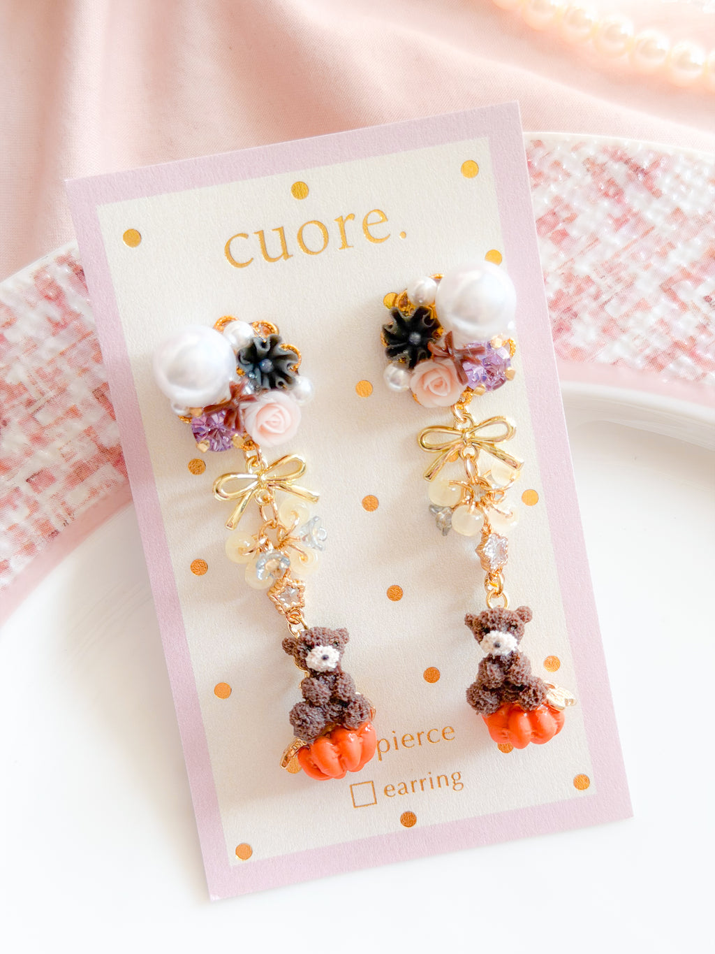 CUORE｜南瓜小熊珍珠花耳環