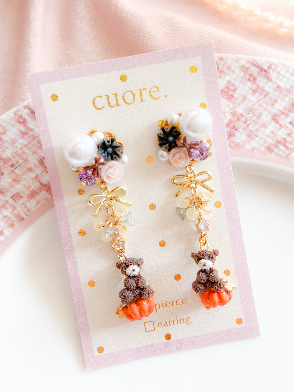 CUORE｜南瓜小熊珍珠花耳環