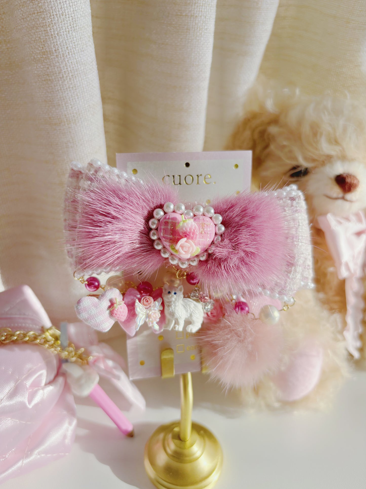 日本手工—限量小貓咪毛毛千鳥格髮夾