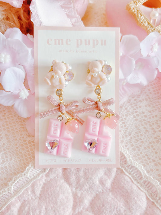 粉紅色小熊朱古力耳環