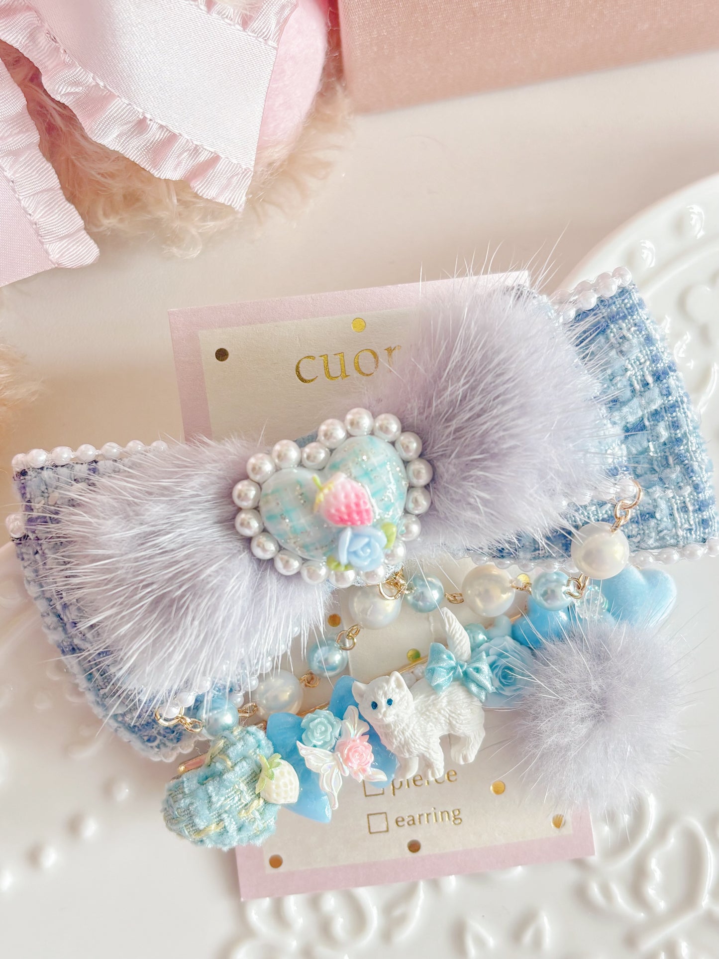 日本手工—限量小貓咪毛毛千鳥格髮夾