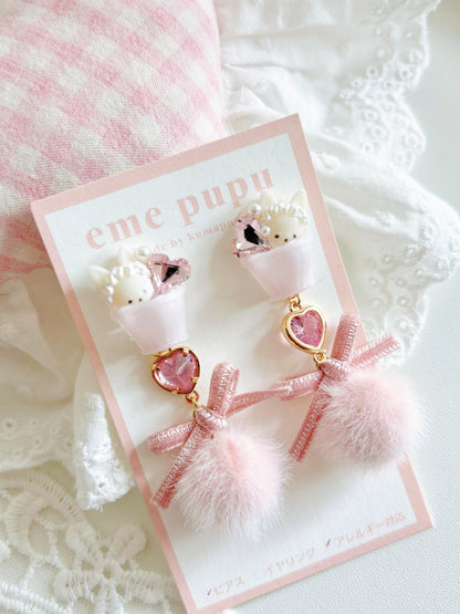 日本手作—迷你小熊毛茸耳環