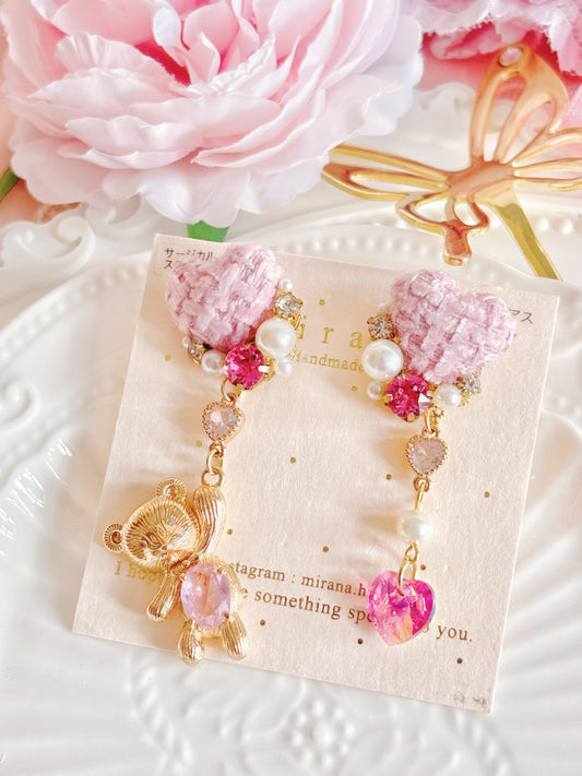 日本手工—心心水晶水熊耳環