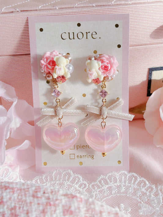 玫瑰花花小熊耳環