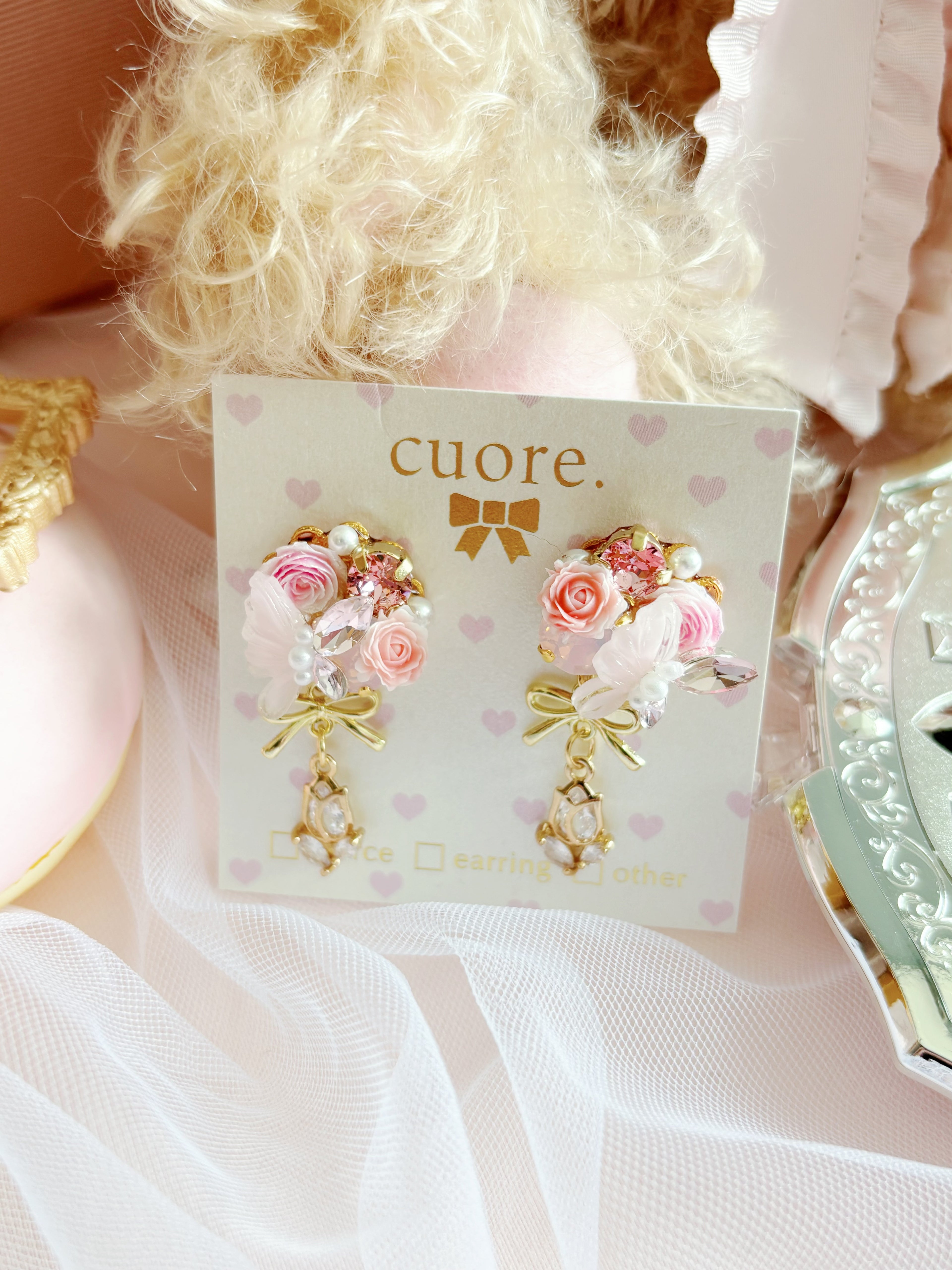 日本手工｜Cuore蝴蝶結玫瑰花耳環