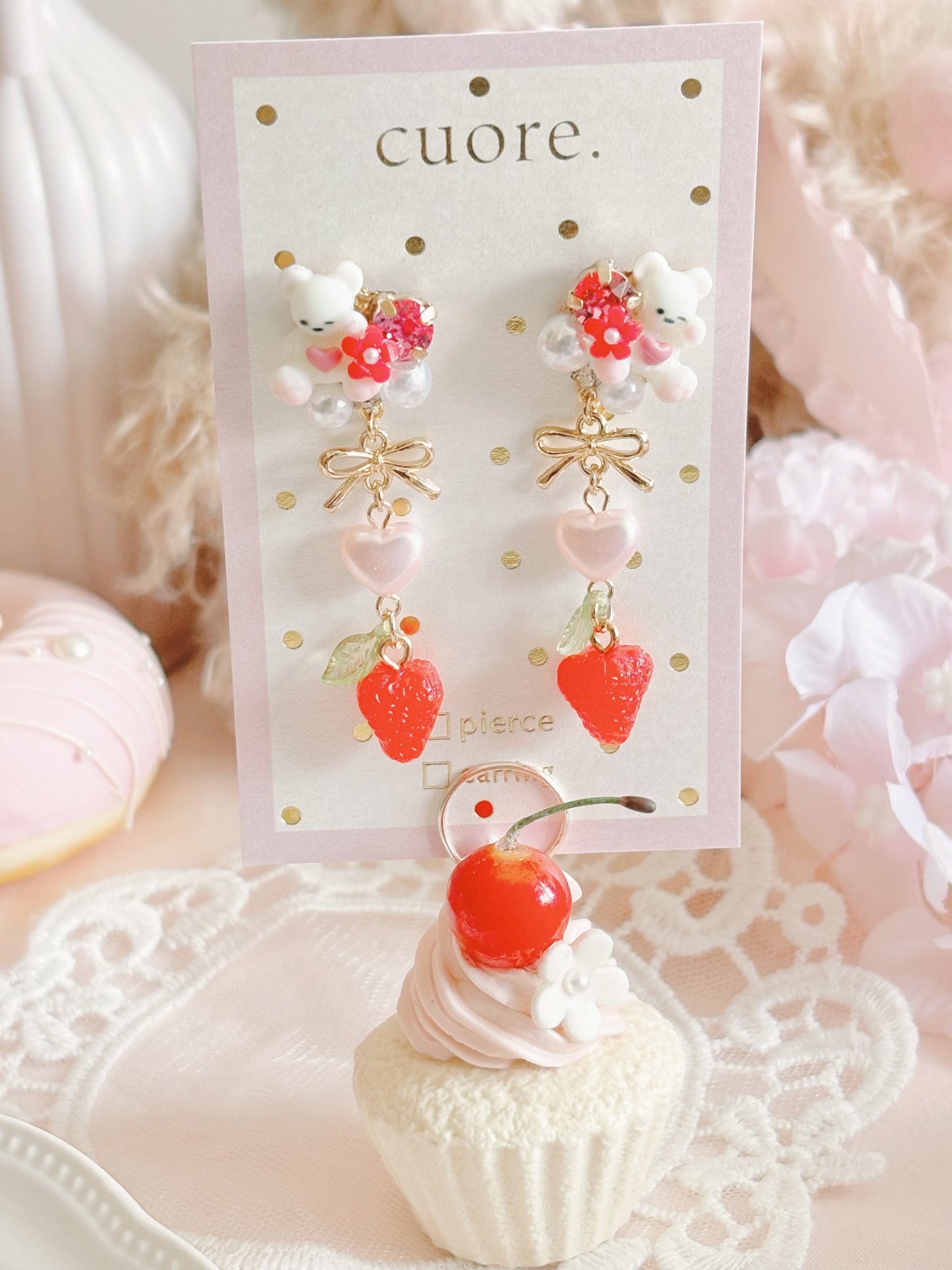 日本手工-Cuore 小熊草莓耳環