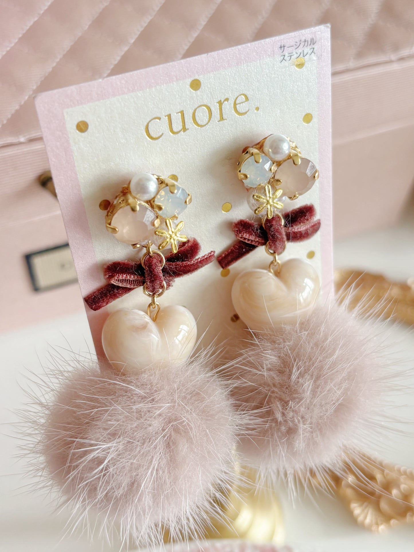 日本手工-冬日棕色水晶毛茸可愛耳環