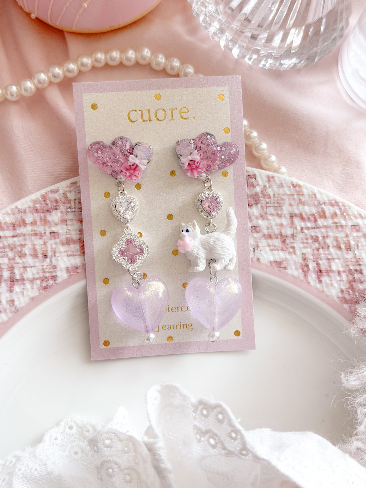 CUORE｜小貓愛心水晶花朵耳環