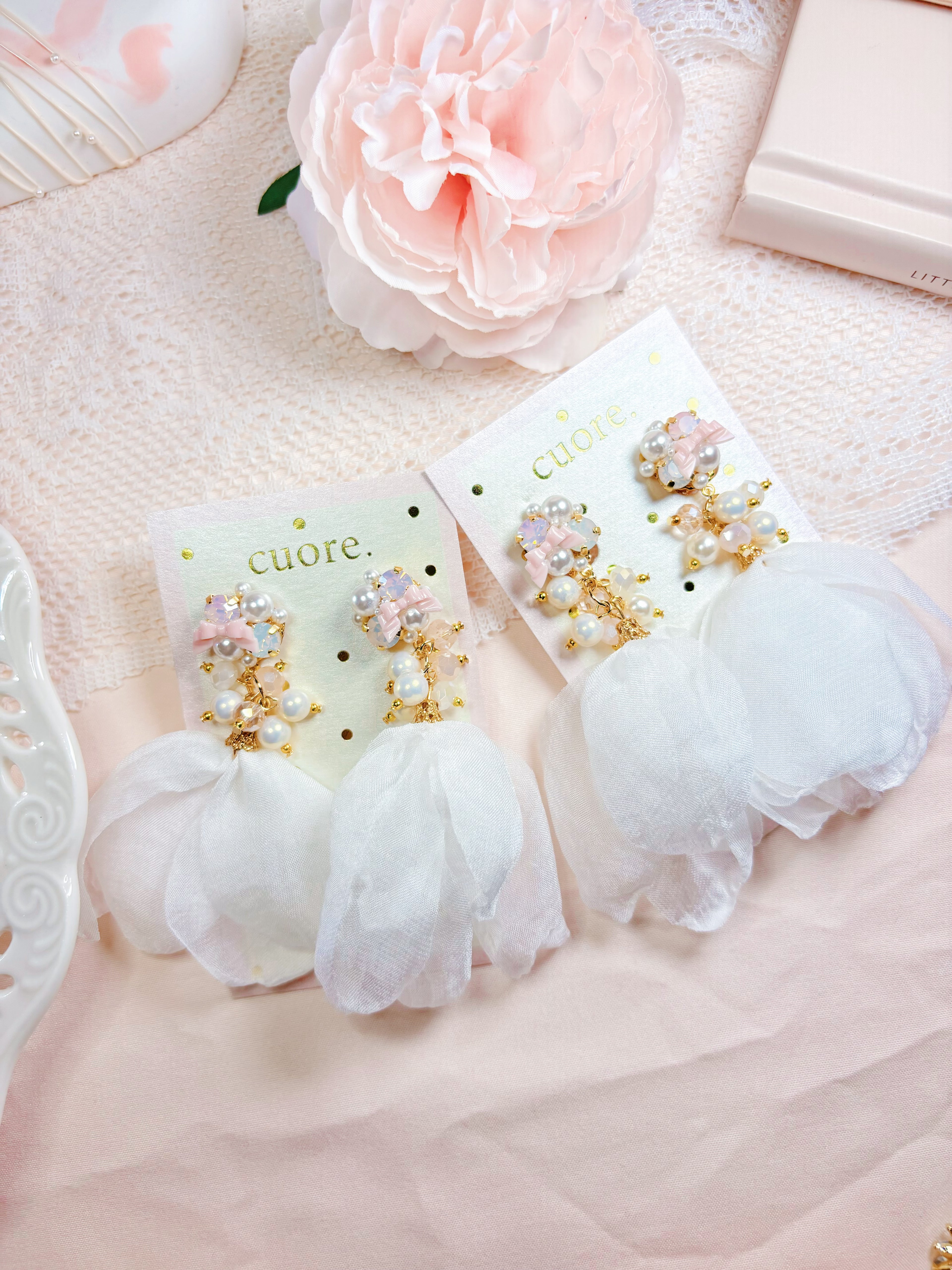 日本手工—白色紗珍珠耳夾