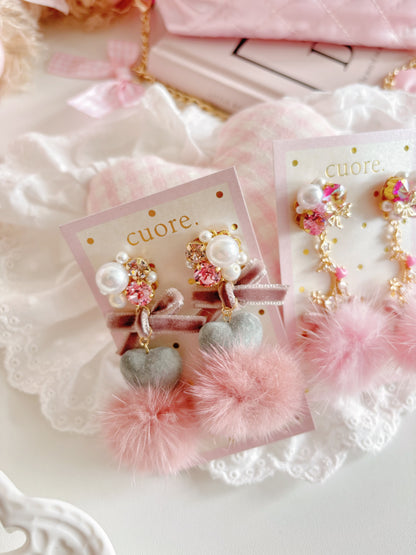 日本手工-冬日低調可愛心心毛茸耳環