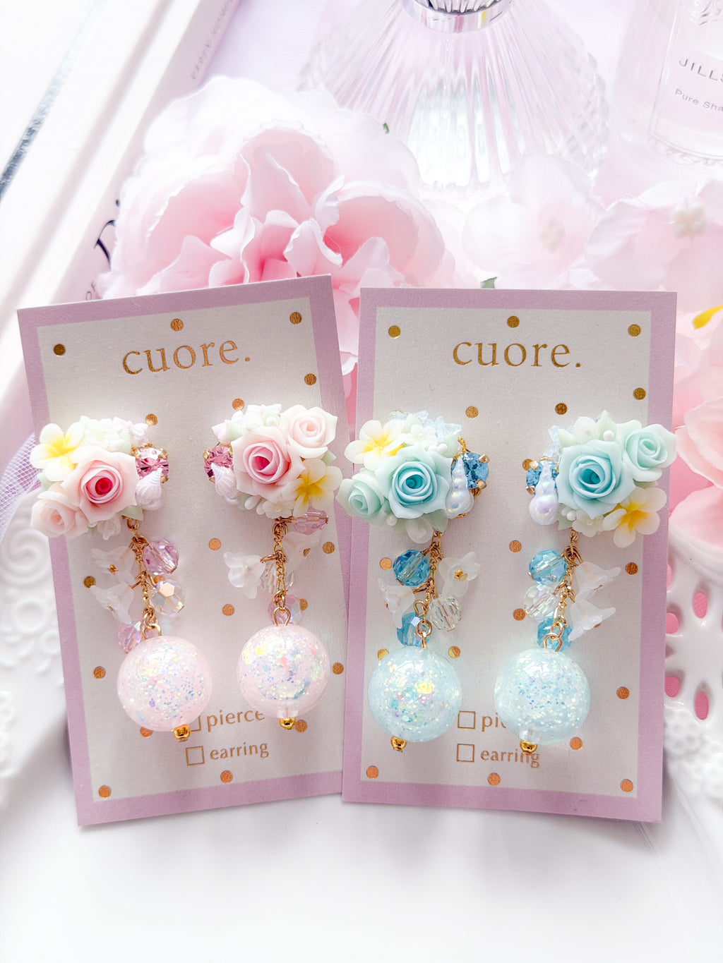 Cuore 獨家｜玫瑰奶糯水晶球耳環