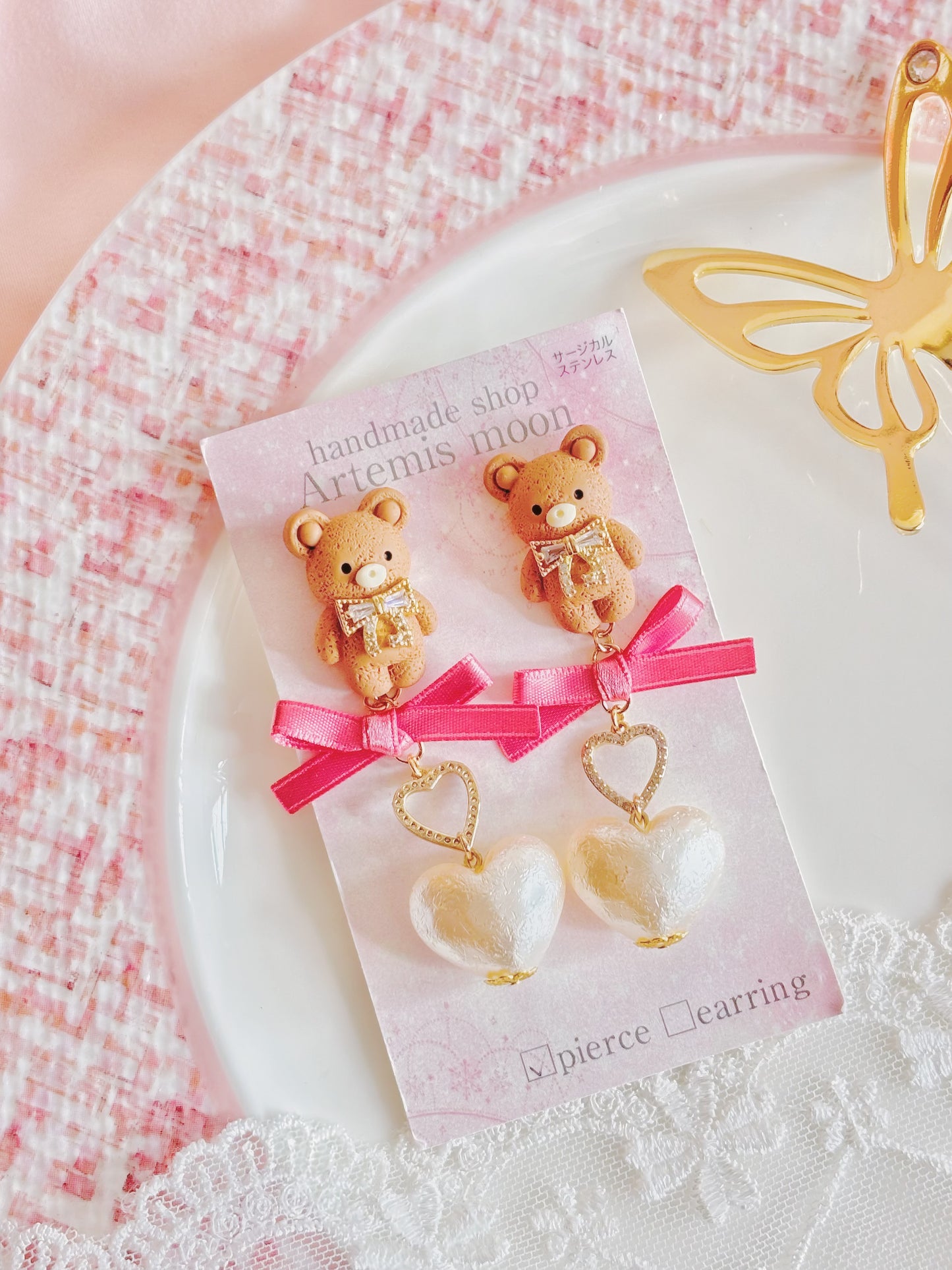 日本手工-可愛小熊心心珍珠耳環