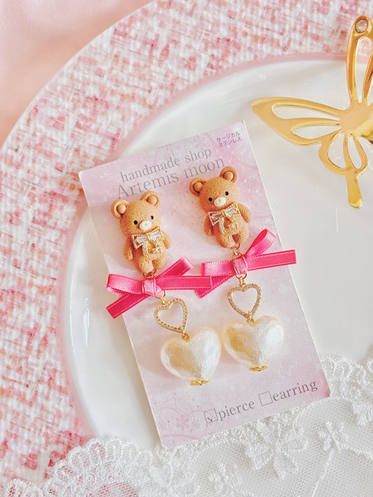 日本手工-可愛小熊心心珍珠耳環