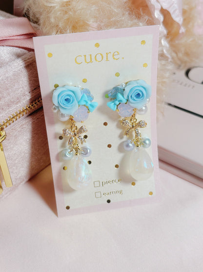 日本手作-樹脂玫瑰花幻彩水滴耳環