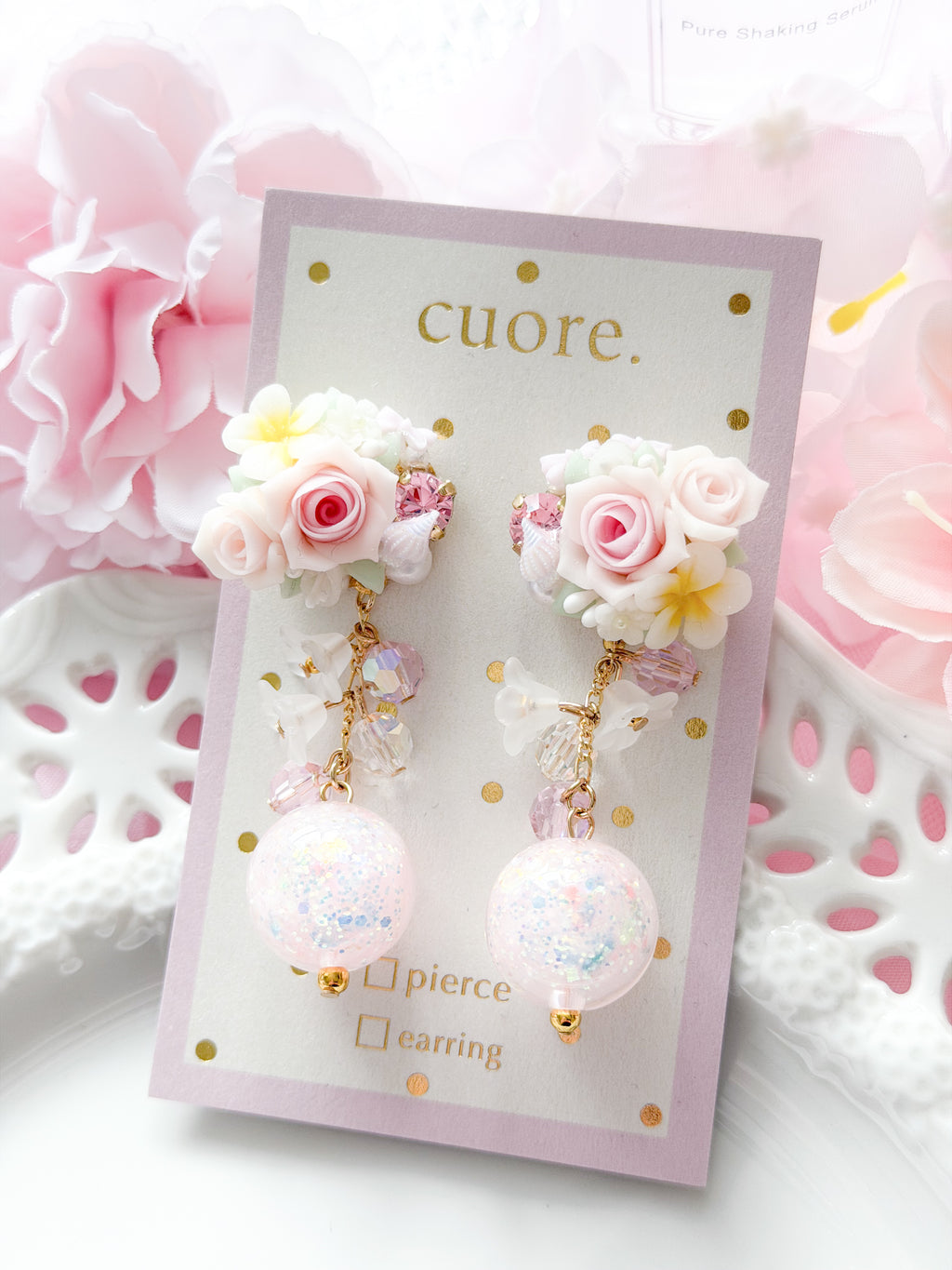 Cuore 獨家｜玫瑰奶糯水晶球耳環