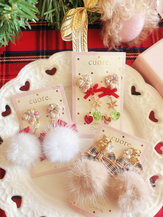 日本手工—聖誕小熊毛毛耳環