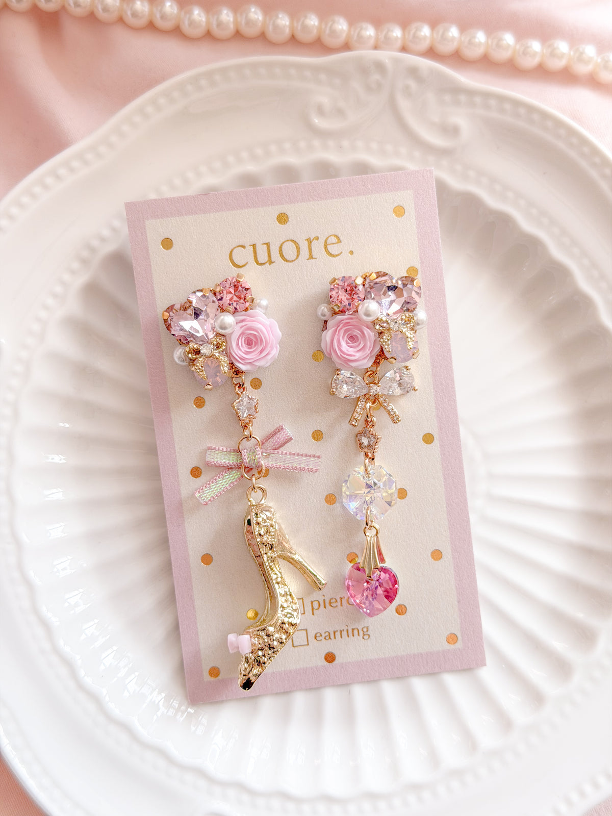 CUORE｜玫瑰花水晶高跟鞋垂墜耳環