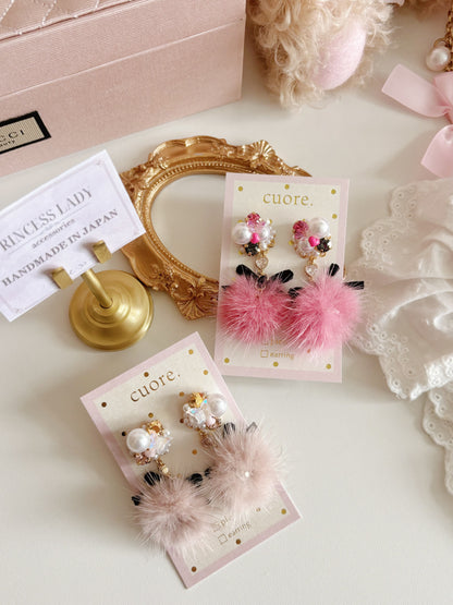 日本手工-甜美毛茸珍珠水晶耳環