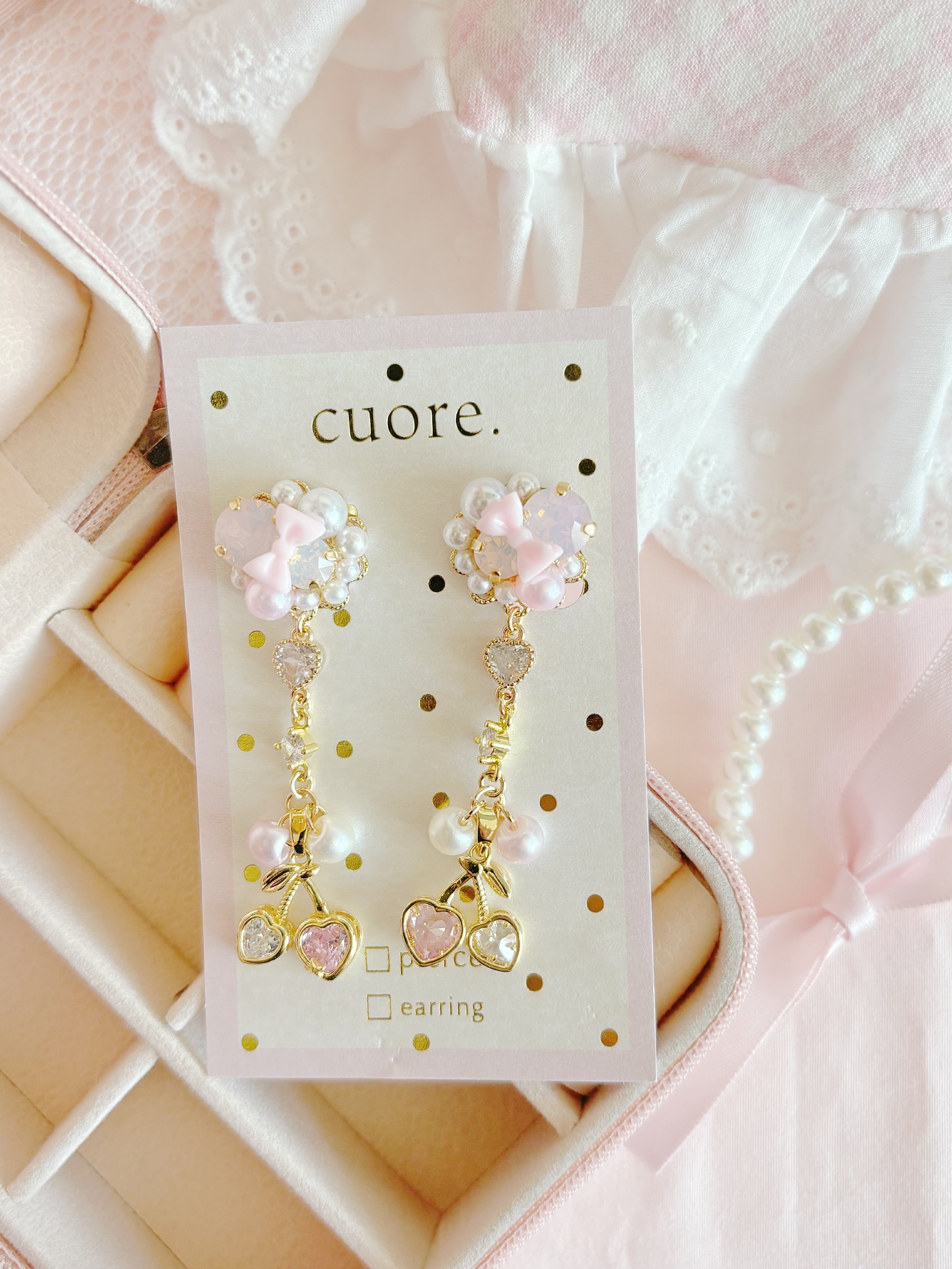 日本手工—粉色系蝴蝶結車厘子耳夾