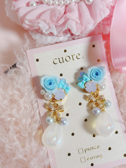 日本手作-樹脂玫瑰花幻彩水滴耳環