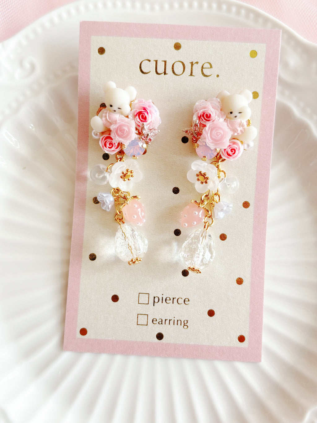 日本手工｜Cuore小熊玫瑰花水晶耳環