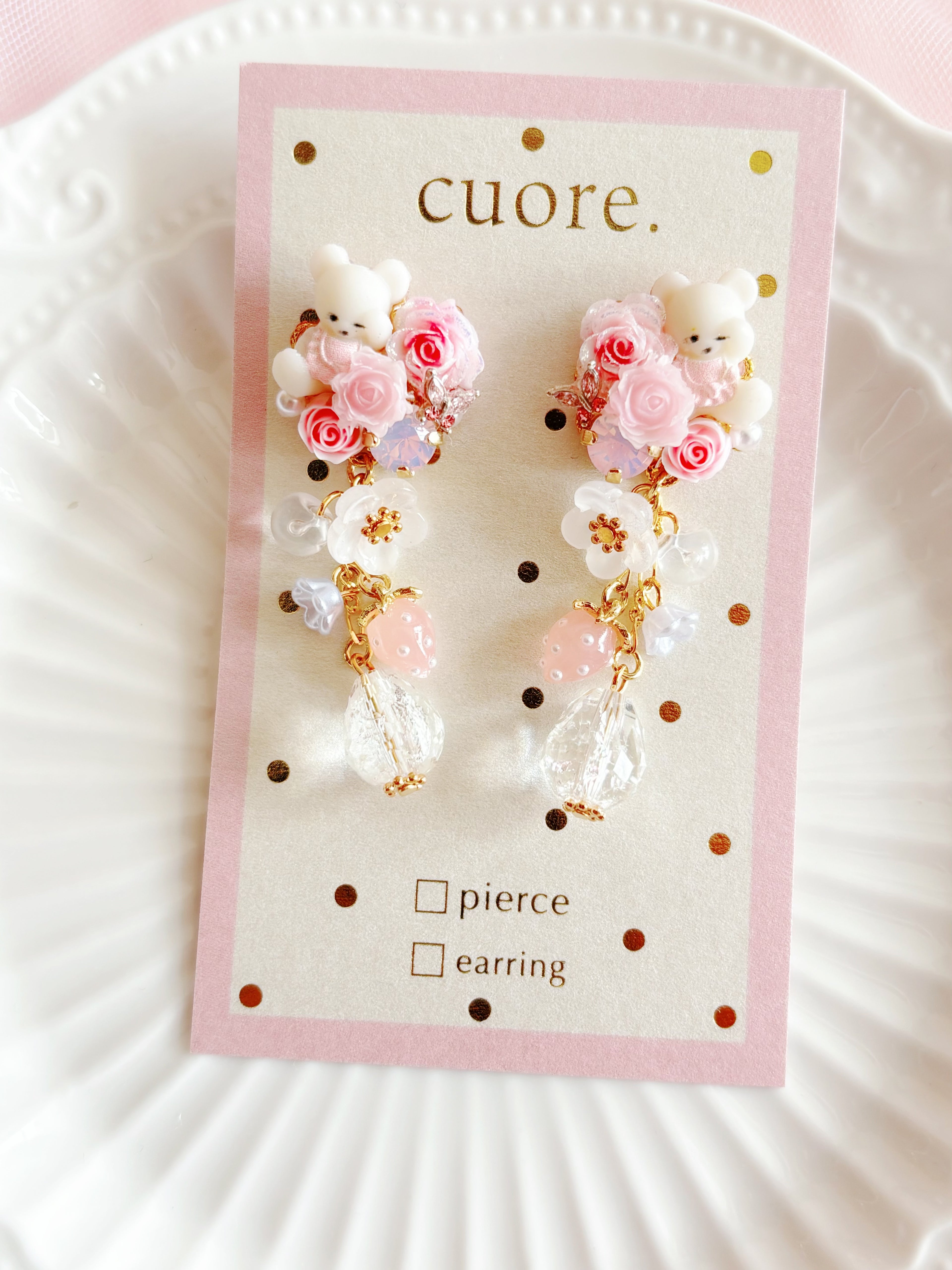 日本手工｜Cuore小熊玫瑰花水晶耳環