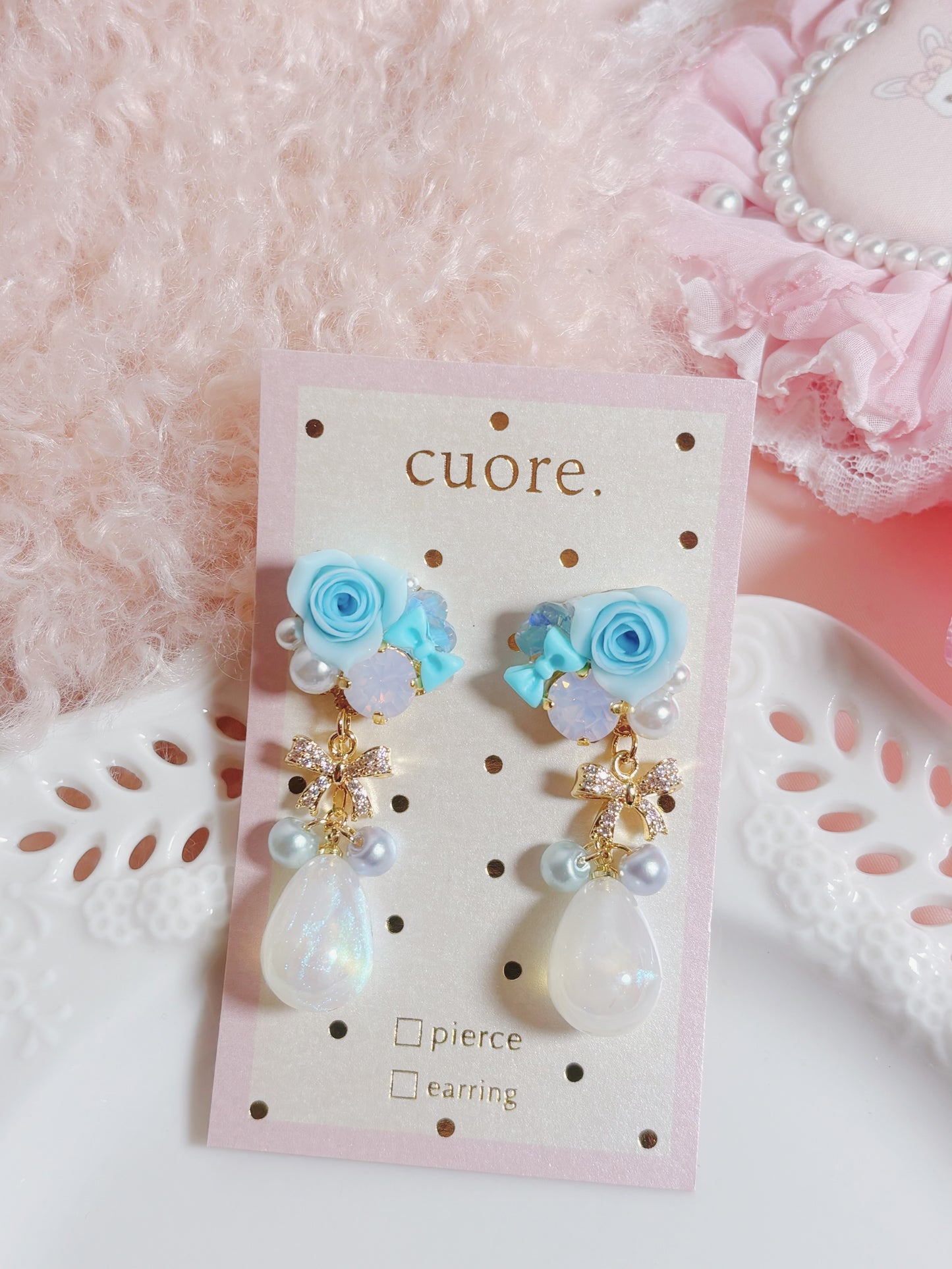 日本手作-樹脂玫瑰花幻彩水滴耳環