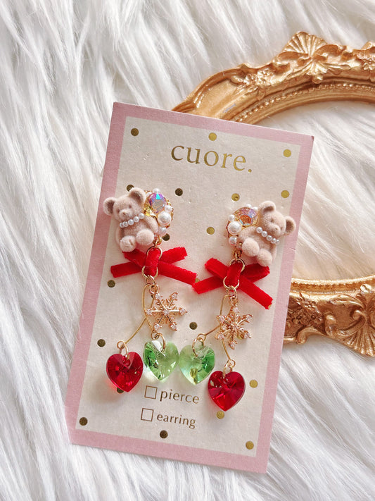 日本手作—聖誕小熊雙色水晶耳環