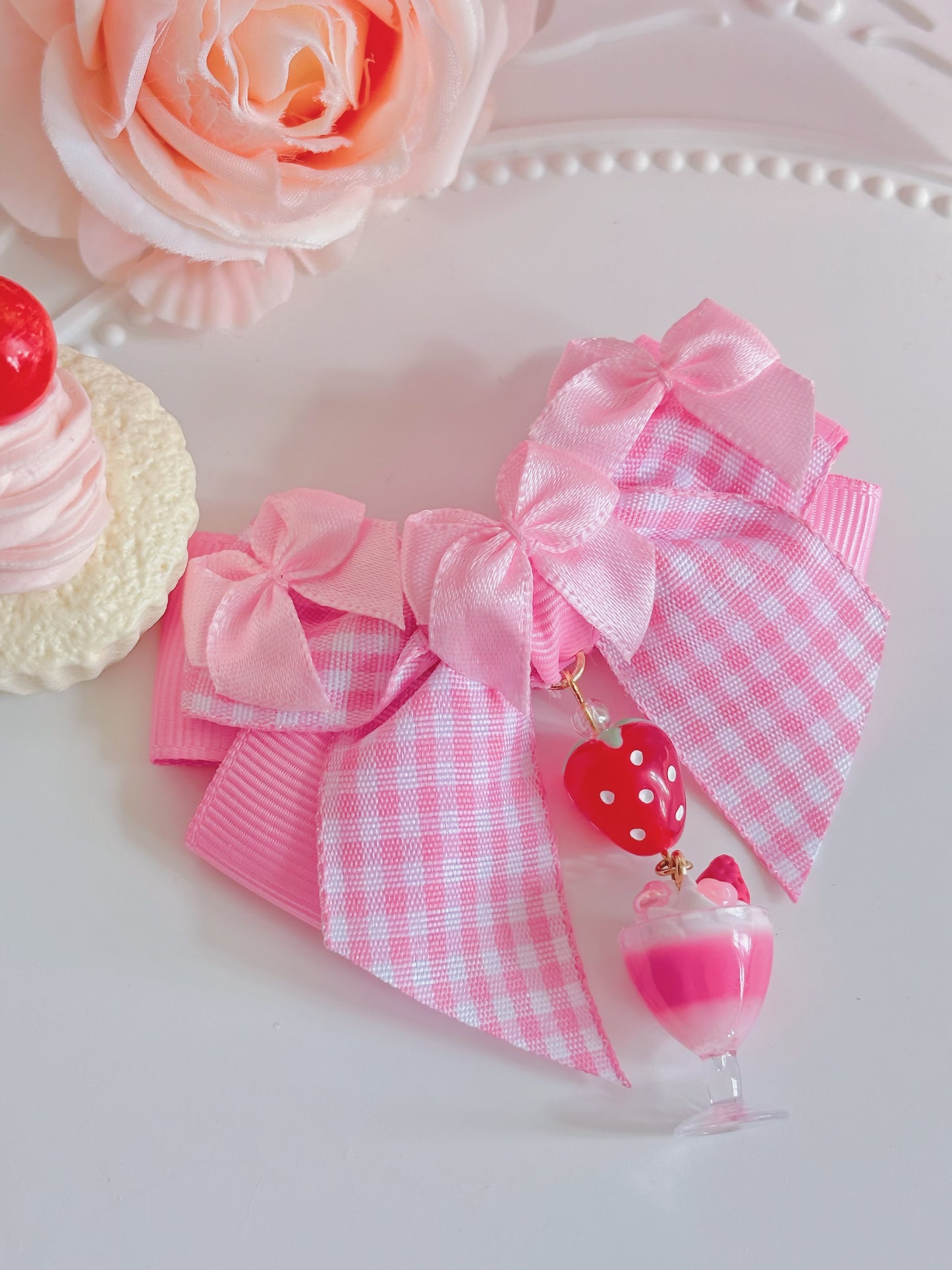 日本手工—格仔粉色草莓奶昔髮夾