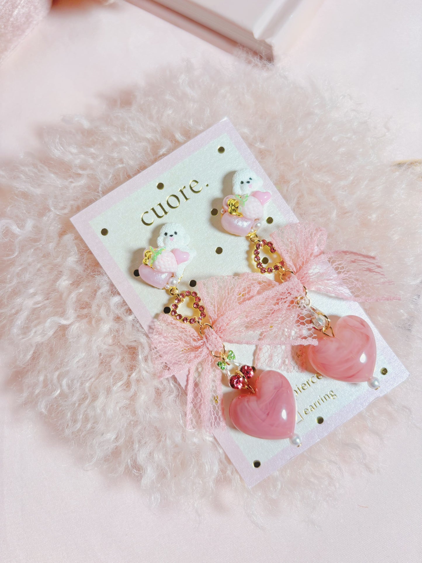 日本手作-蕾絲蝴蝶結小狗愛心耳環