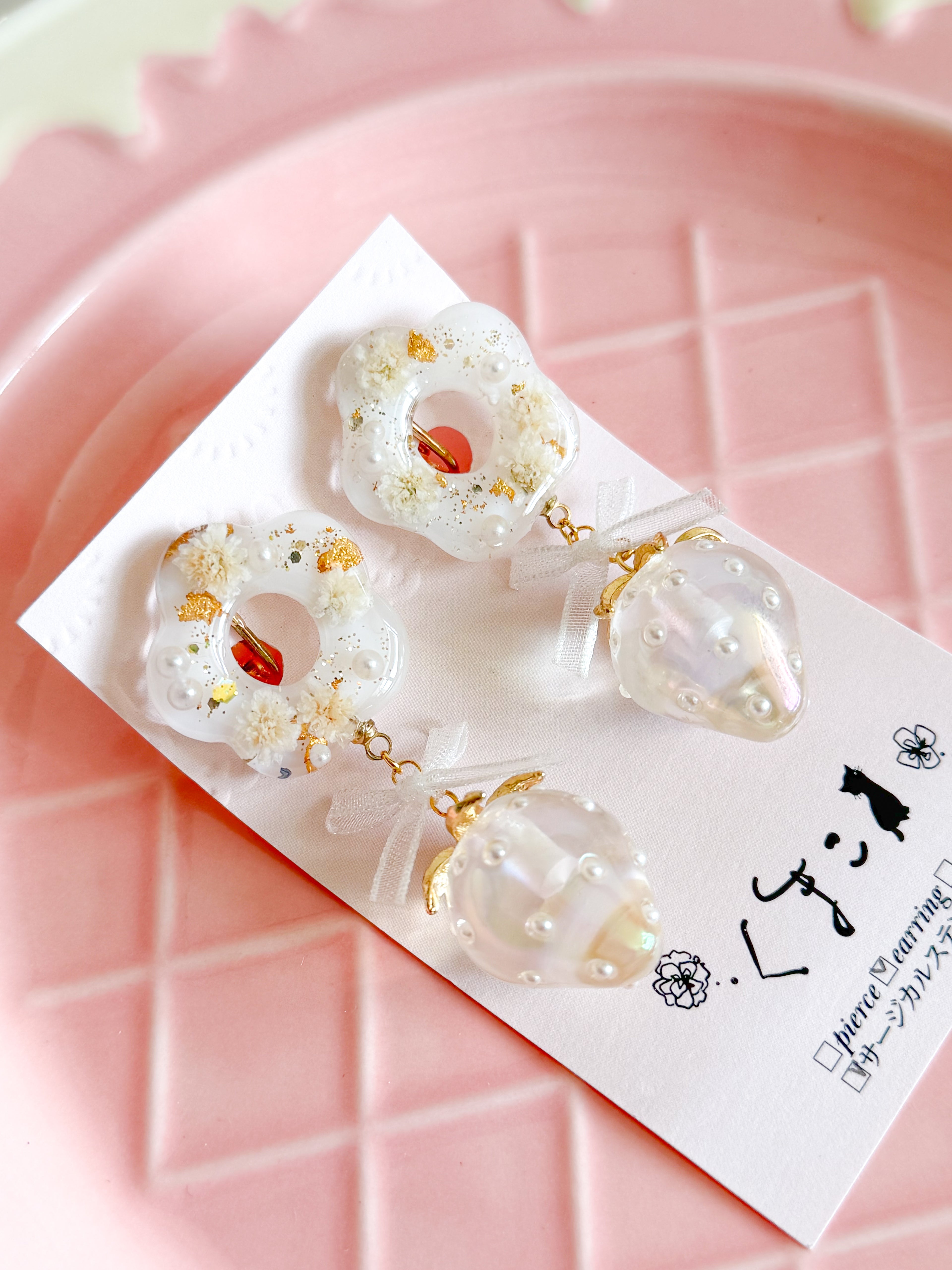日本手工 | 櫻桃花朵透明珠吊墜耳夾