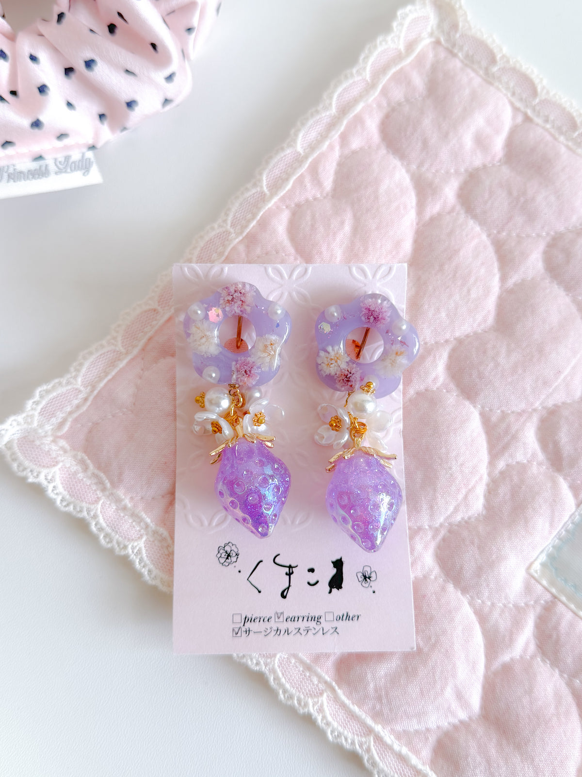 日本手工｜紫色花朵愛心吊墜耳夾